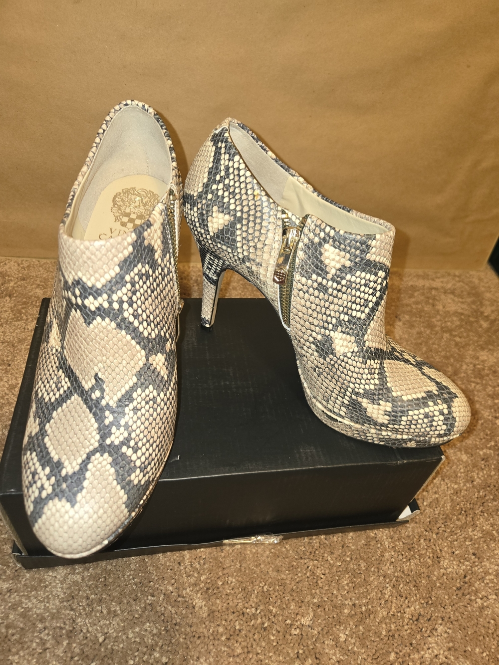 Vince Camuto Python-Print Ankle Booties in Beige and Gray